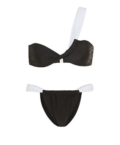 Schwarzer Bikini mit weißen Akzenten – asymmetrisches Oberteil und passende Hose mit seitlichen weißen Streifen