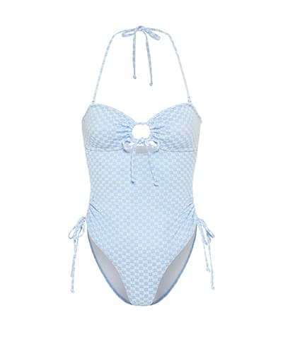 Hellblauer Badeanzug mit Neckholder und seitlichen Schnürungen, kreisförmiger Ausschnitt vorne