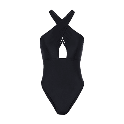Schwarzer Badeanzug mit überkreuzten Trägern und Schlüsselloch-Ausschnitt vorne