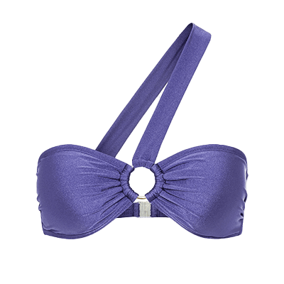 Lila Bandeau-Bikinioberteil mit Halterträger und Ringdetail vorne.