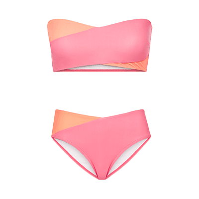 Zweiteiliger Badeanzug mit asymmetrischen Streifen in Rosa und Orange, bestehend aus Bandeau-Oberteil und Bikinihose