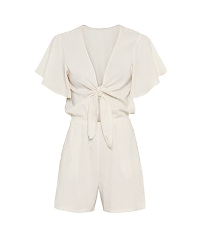 Weißer Einteiler mit kurzen Ärmeln und V-Ausschnitt, vorne gebunden, elastische Taille und kurze Hosenbeine