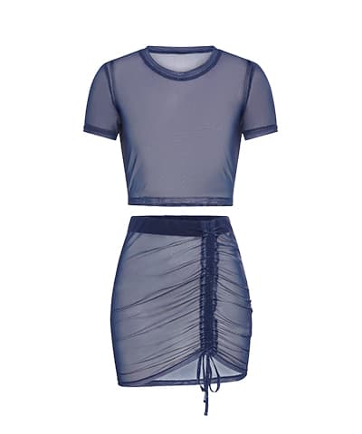 Dunkelblaues transparentes zweiteiliges Set – kurzärmeliges Crop-Top und geraffter Minirock mit Kordelzug