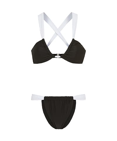 Schwarzer Bikini mit überkreuzten weißen Trägern und weißen seitlichen Details an der Hose