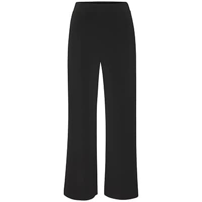 Schwarze, weit geschnittene Hose mit elastischem Bund, gerade geschnittenen Beinen und ohne sichtbare Taschen