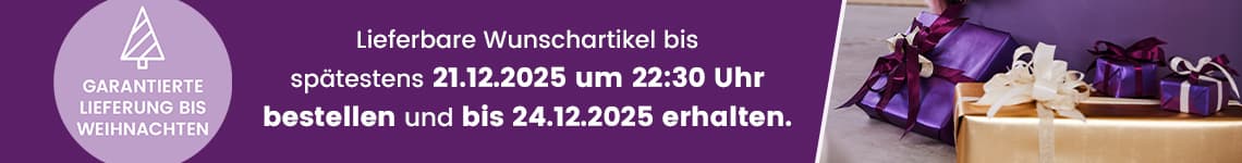 Garantierte Lieferung bis Weihnachten – Lieferbare Wunschartikel bis spätestens 21.12.2025 um 22:30 Uhr bestellen und bis 24.12.2025 erhalten. Rechts Geschenke in lila Papier.