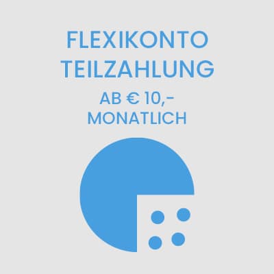 FLEXIKONTO TEILZAHLUNG ab 10 Euro monatlich – blaues Kreis-Symbol mit ausgeschnittenem Viertel und vier Punkten