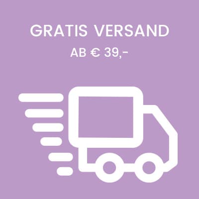 Gratis Versand ab 39 Euro – weißes LKW-Symbol mit Bewegungslinien auf lila Hintergrund
