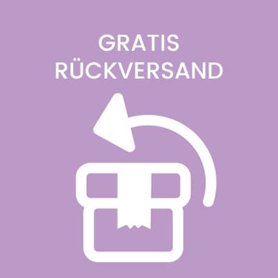 Gratis Rückversand – Symbol eines Pakets mit Rücksende-Pfeil auf lila Hintergrund