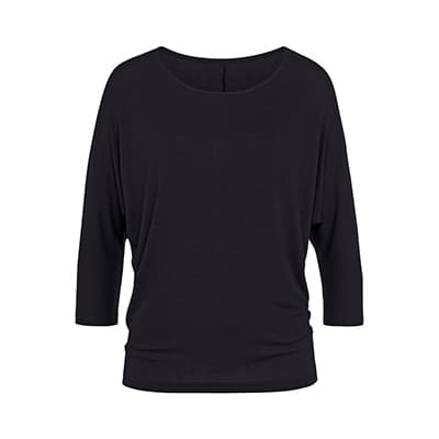 Schwarzes Damen-Shirt mit 3/4-Ärmeln und weitem Rundhalsausschnitt, frontal vor weißem Hintergrund dargestellt