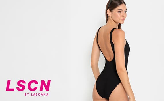 LSCN by Lascana – Femme de dos en maillot de bain noir, dos nu