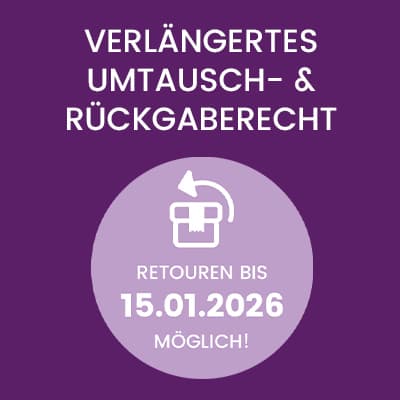 Verlängertes Umtausch- & Rückgaberecht – Retouren bis 15.01.2026 möglich! Symbol eines Pakets mit Pfeil auf lila Hintergrund