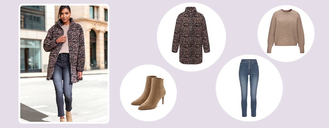 Frau in grauer Jeans, beigem Pullover und gemustertem Mantel, kombiniert mit beigen Stiefeletten. Einzelansicht der Kleidungsstücke rechts.