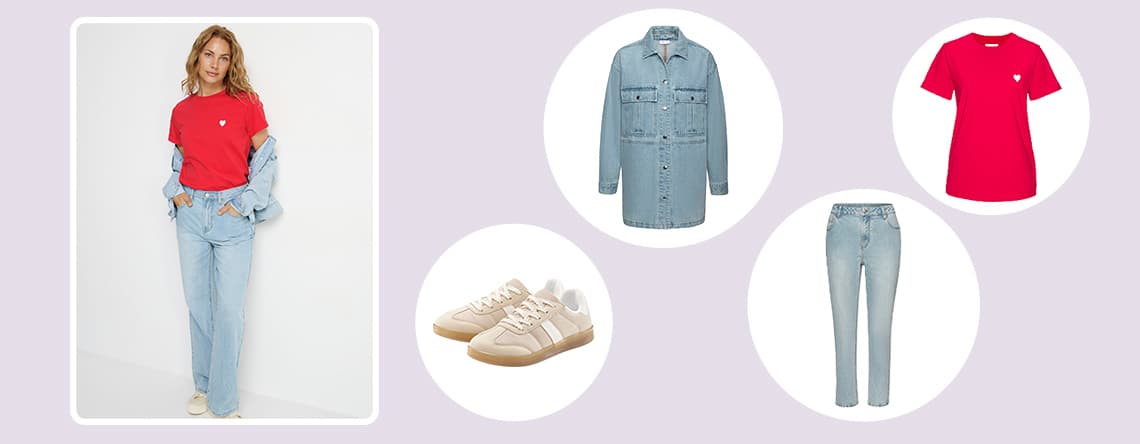 Frau in rotem T-Shirt und blauer Jeans, daneben helle Sneaker, Jeanshemd, rotes T-Shirt und blaue Jeans.