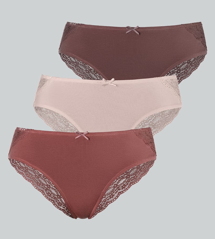 Dreierpack Damen-Slips in Braun- und Rosatönen mit Spitze an Bund und Beinabschluss