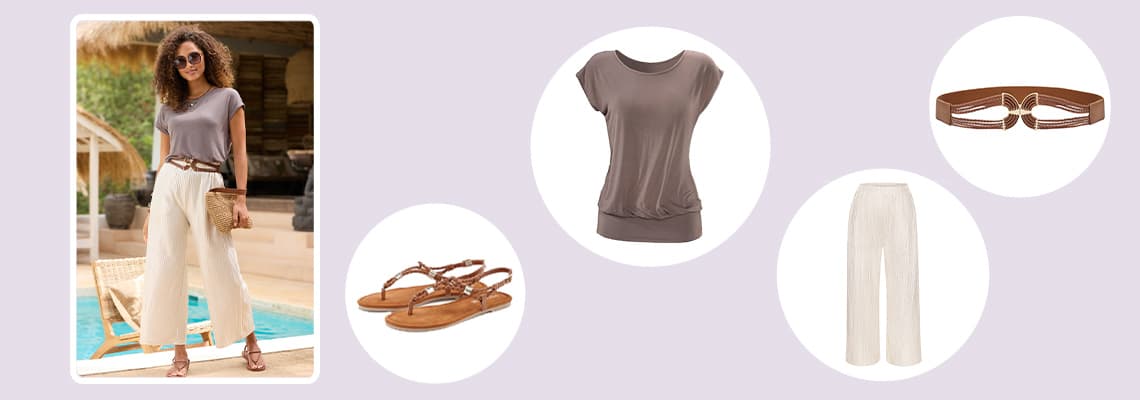 Frau am Pool in taupefarbenem Shirt, weiter heller Hose, Sandalen, Gürtel und Clutch, daneben die einzelnen Teile des Outfits