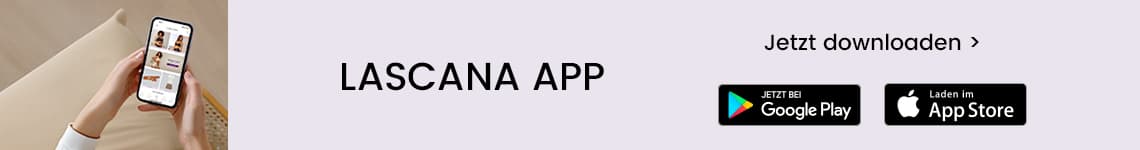 LASCANA App – Jetzt downloaden im Google Play Store und Apple App Store, Person hält Smartphone mit geöffneter App