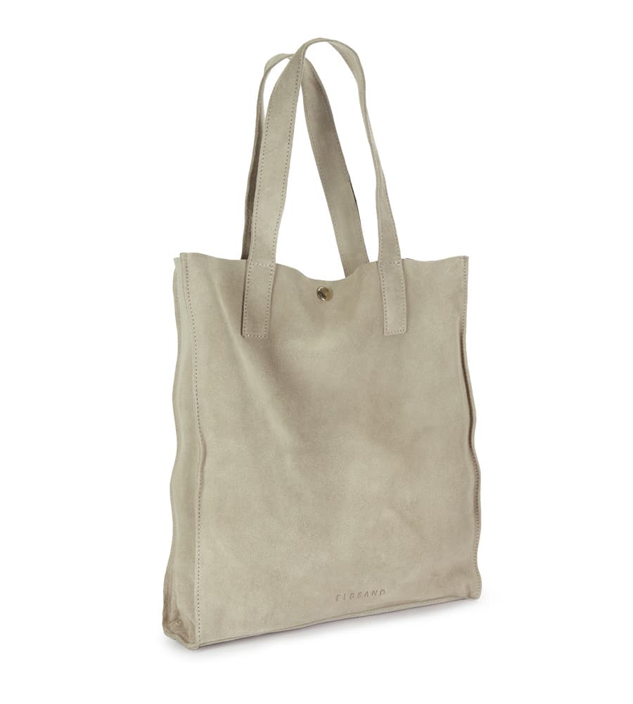 Beige Shopper-Tasche mit zwei Henkeln und Druckknopf, leicht gewellter Rand, dezenter Logo-Schriftzug unten vorne