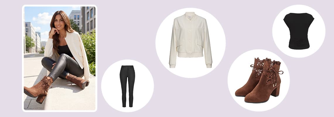 Frau im Stadtcafé-Look mit weißer Jacke, schwarzer Hose und braunen Stiefeletten, daneben die einzelnen Kleidungsstücke